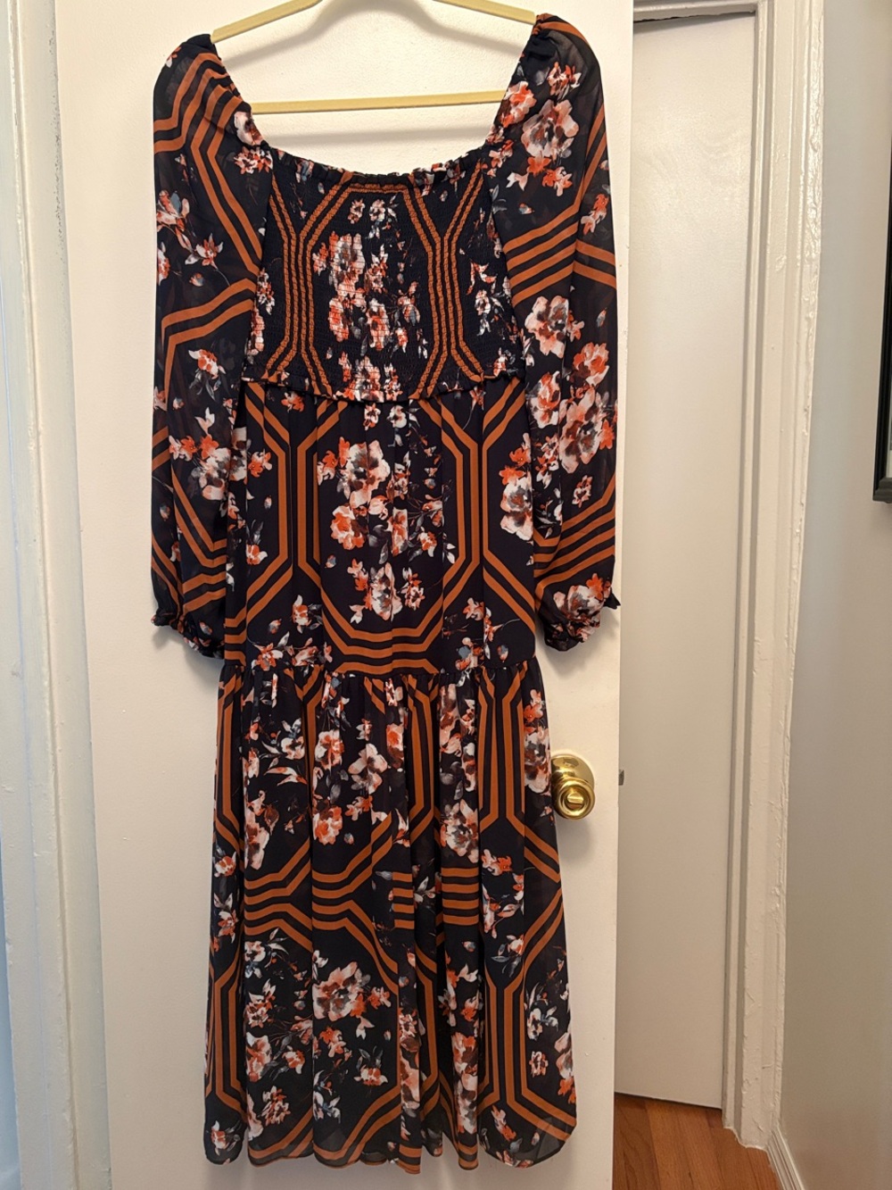 Navy & Rust Floral Tiered Midi Dress